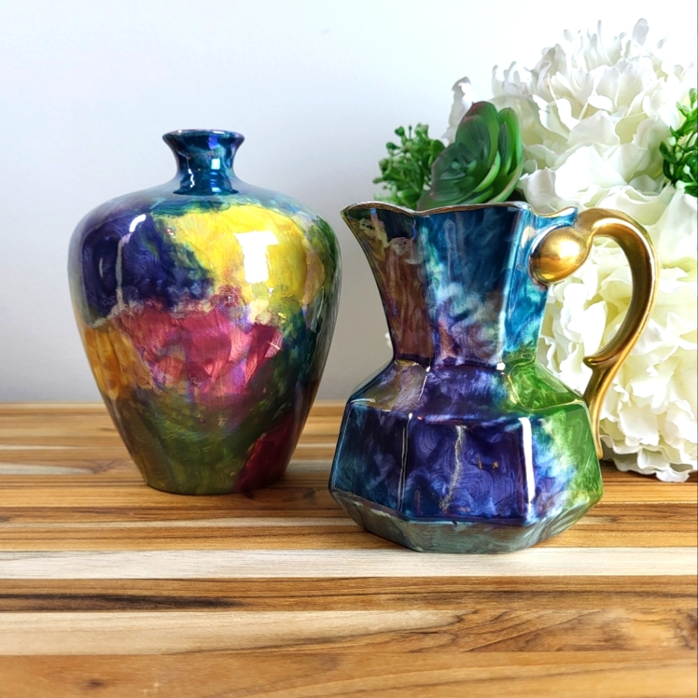 Coronaware Vase and Small Jug, S. Hancock & Sons, Handpainted Colourful luster